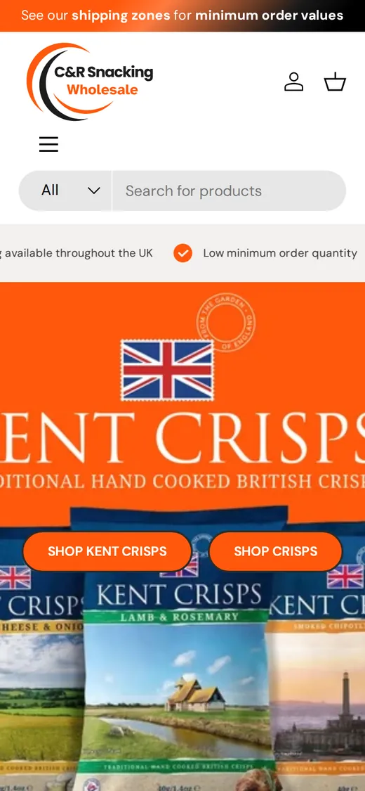 The C&R Snacking Wholesale Shopify store on a phone