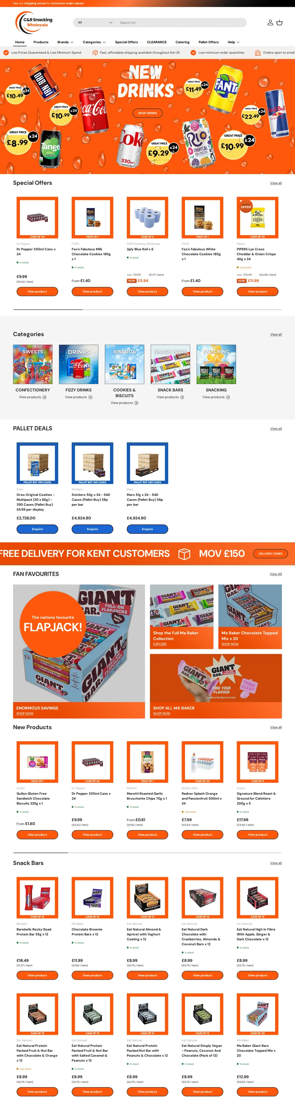 Homepage of the C&R Snacking Wholesale Shopify store